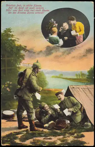 Feldpostkarte 1. Weltkrieg (Soldaten mit Zelt) 1916  Feldpoststempel