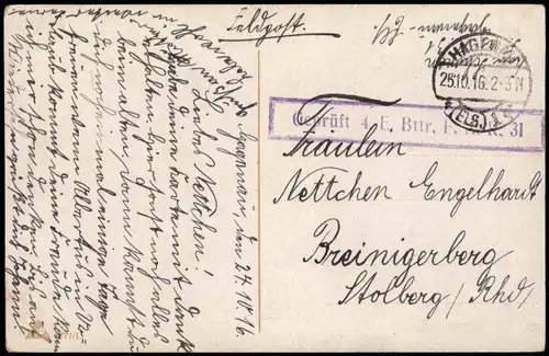 Militär & Soldatenleben Soldat gedenkt Frau 1. Weltkrieg 1916  Feldpoststempel