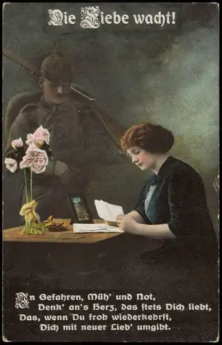 Ansichtskarte  Militär & Soldatenleben 1. Weltkrieg "Die Liebe wacht" 1916
