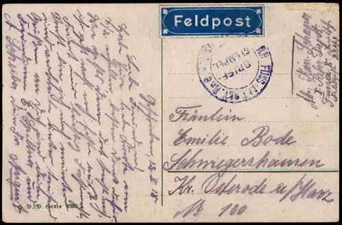 (Soldat küsst Frau) 1. Weltkrieg 1918    Feldpoststempel, blaue Vignette