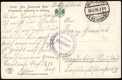 Ansichtskarte  Feldpostkarte 1. WK Vorgehende Infanterie in Stellung 1915   Feldpost gelaufen (Briefstempel)