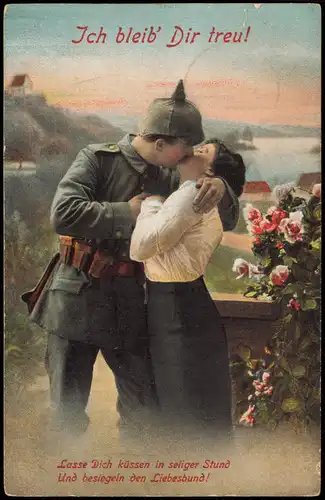 Ansichtskarte  Feldpostkarte 1. WK (Soldat küsst Frau) 1915   Feldpost gelaufen (Feldpoststempel)