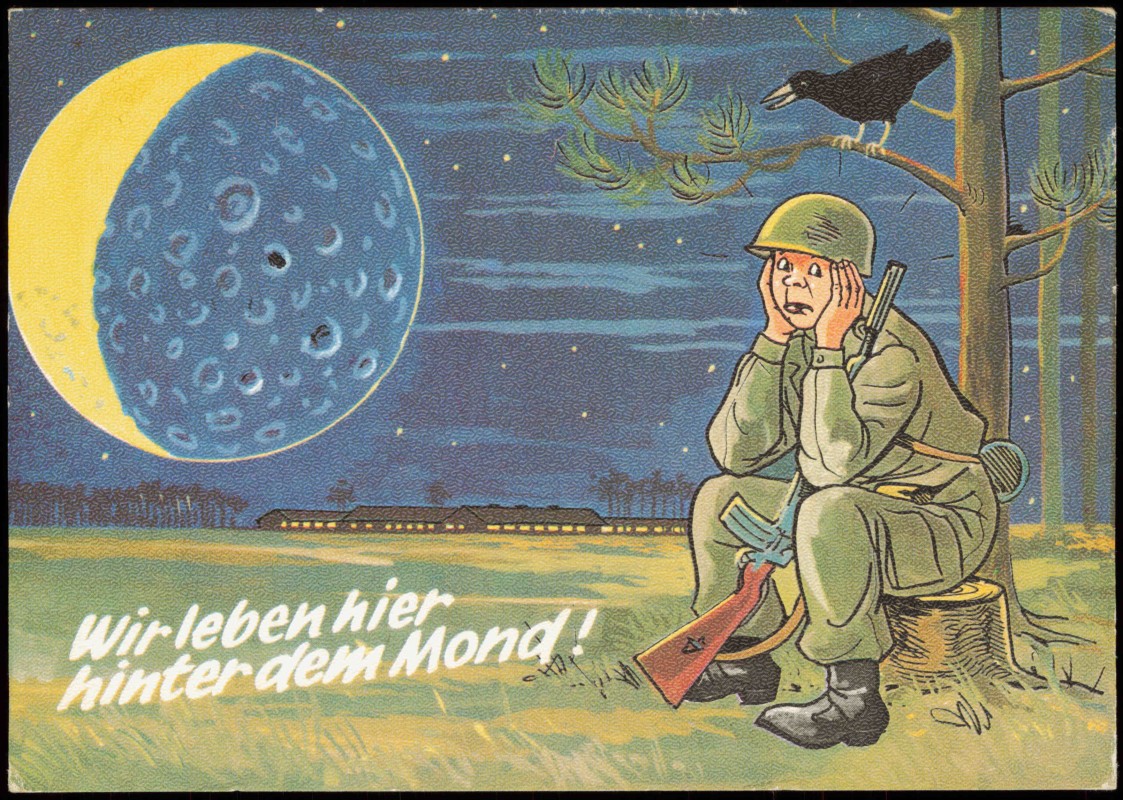 Militär Scherzkarte Bundeswehr Soldat wir leben hinter dem Mond 1971 Nr