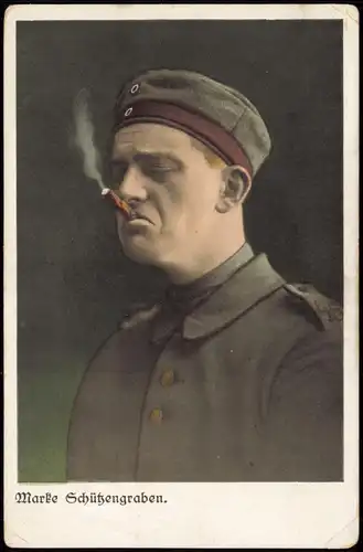 AK 1. Weltkrieg rauchender Soldat Marke Schützengraben 1917    Feldpoststempel