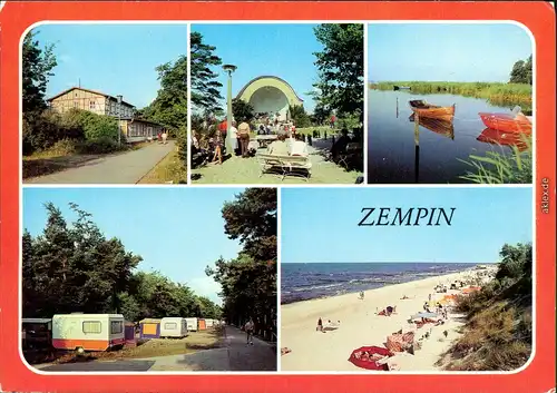 Zempin FDGB-Erholungsheim "Frieden", Kurplatz mit Konzertpavillon, Achterwasser, Campingplatz, Strand 1985
