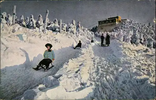 Ansichtskarte Oybin Hochwaldbaude Rodeln im Winter 1925
