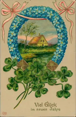 Neujahr Sylvester New Year Kleeblätter Hufeisen aus Veilchen 1908 Goldrand