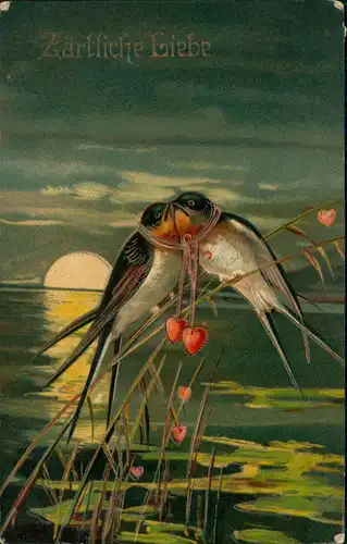 Zärtliche Liebe - Love zwei Schwalben mit Herzen 1910 Goldrand/Prägekarte