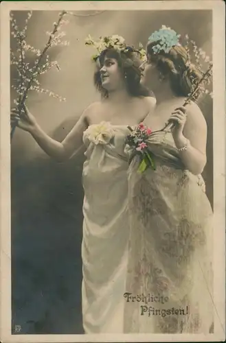 Fotokunst Glückwunsch: Pfingsten schöne Frauen mit Weidenkätzchen 1913