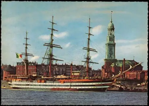 Hamburg Hafen mit Segelschulschiff Amerigo Vespucci an der Überseebrücke 1970