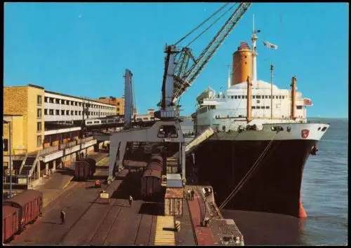 Bremerhaven Columbushafen Columbus-Bahnhof mit Schiff, Kräne Hafen 1984