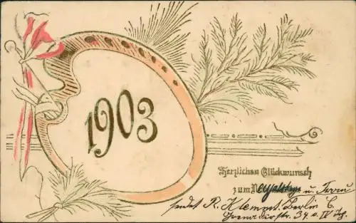 Neujahr Sylvester New Year Künstlerkarte Gold 1903 Goldrand/Prägekarte