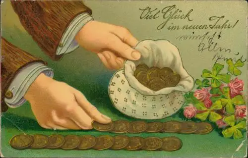 Neujahr Sylvester New Year Beutel mit Münzen Kleeblätter 1909 Prägekarte