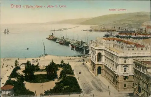 Cartoline Triest Trieste Porto Nuovo e Molo S. Carlo Palazzo Governo 1908