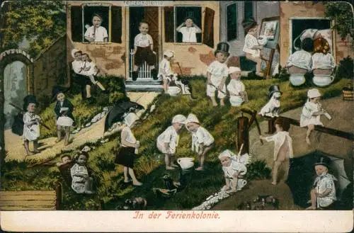 Ansichtskarte  Kinder Künstlerkarte Scherzkarte in der Ferienkolonie 1912