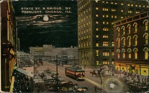 Postcard Chicago State Street Moonlight 1915
