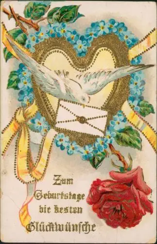 Glückwunsch Geburtstag Birthday Brieftaube Rose 1928 Goldrand/Prägekarte