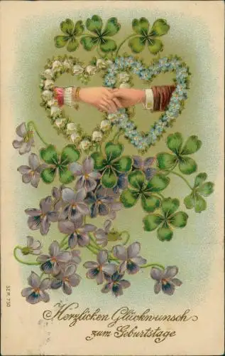 Glückwunsch Geburtstag Birthday Kleeblätter Blumenherzen 1910  Prägekarte
