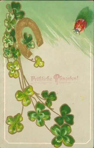 Glückwunsch: Pfingsten Kleeblätter Maikäfer Hufeisen 1909 Goldrand/Prägekarte