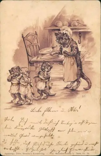 Tiere als Menschen (Künstlerkarten) Andromorphische Karte Katzen Küche 1901