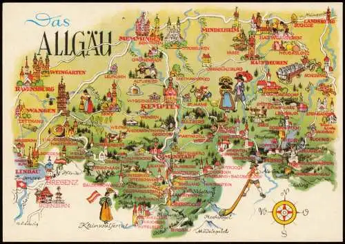 Ansichtskarte .Bayern Allgäu - Allgemein, Umgebungskarte Landkarte, Map 1970