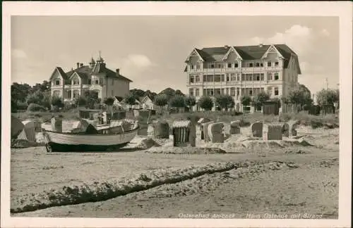 Ansichtskarte Ahlbeck (Usedom) Haus Ostende mit Strand 1932