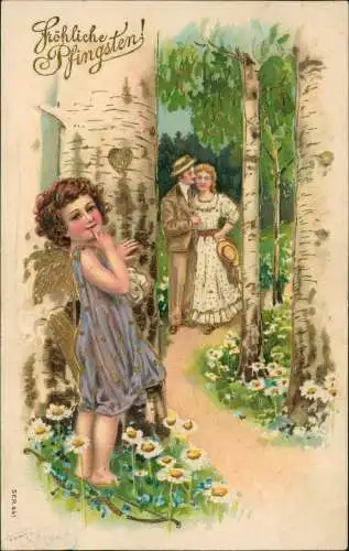 Glückwunsch: Pfingsten Birke Engel Amor Liebespaar 1910 Goldrand/Prägekarte