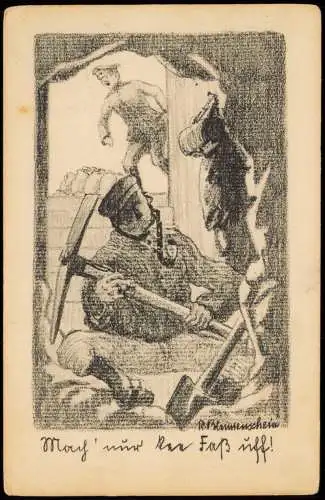 Ansichtskarte  Feldpostkarte 1. WK (Zeichnung von Soldaten) 1917  Feldpost gelaufen (Feldpoststempel)