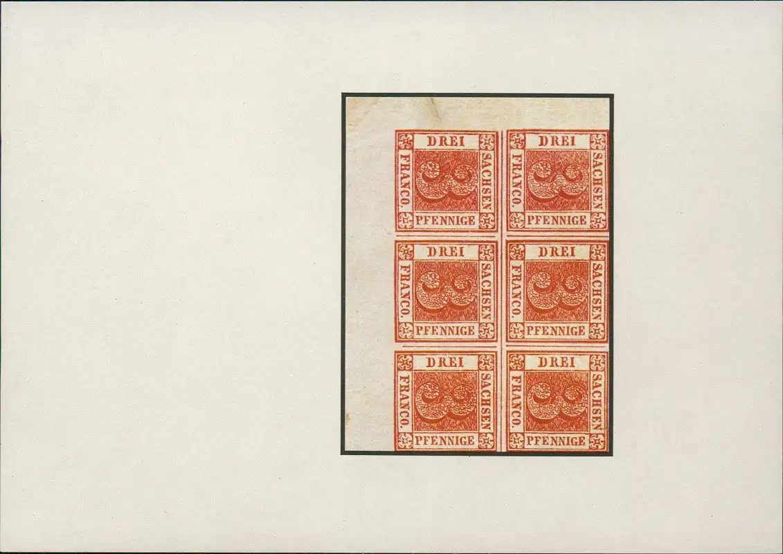 Briefmarken-Motivkarte: Sechserblock Sachsen 3 Pfennige anno 1850 1970