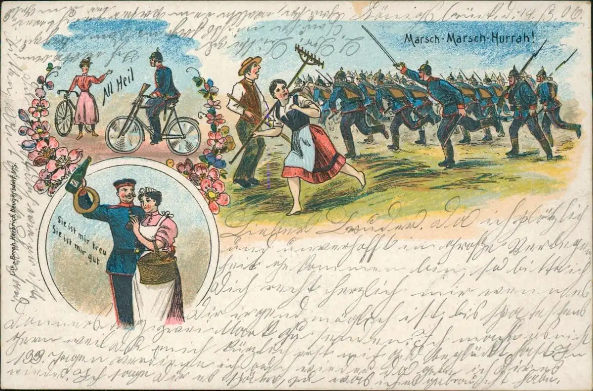 Ansichtskarte  Litho AK Marsch Marsch Hurra Soldaten Frauen 1906