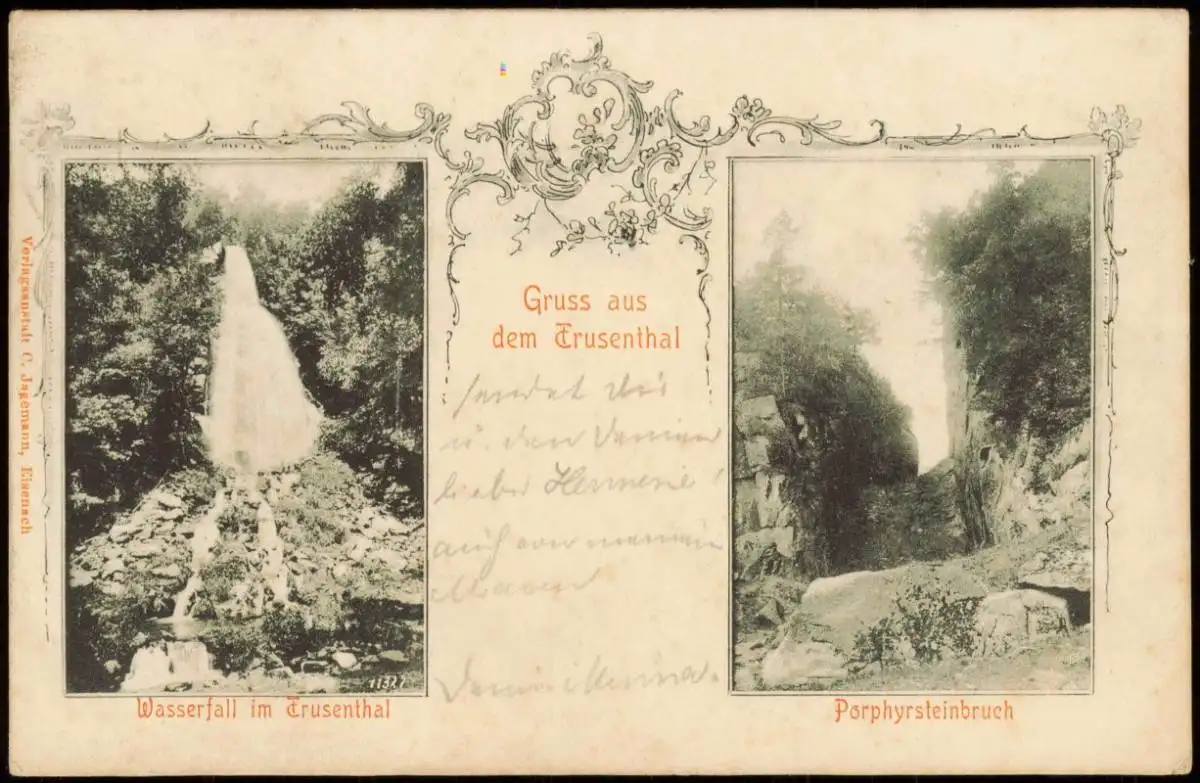 Ansichtskarte Brotterode-Trusetal 2 Bild Porphyrsteinbruch Wasserfall 1902