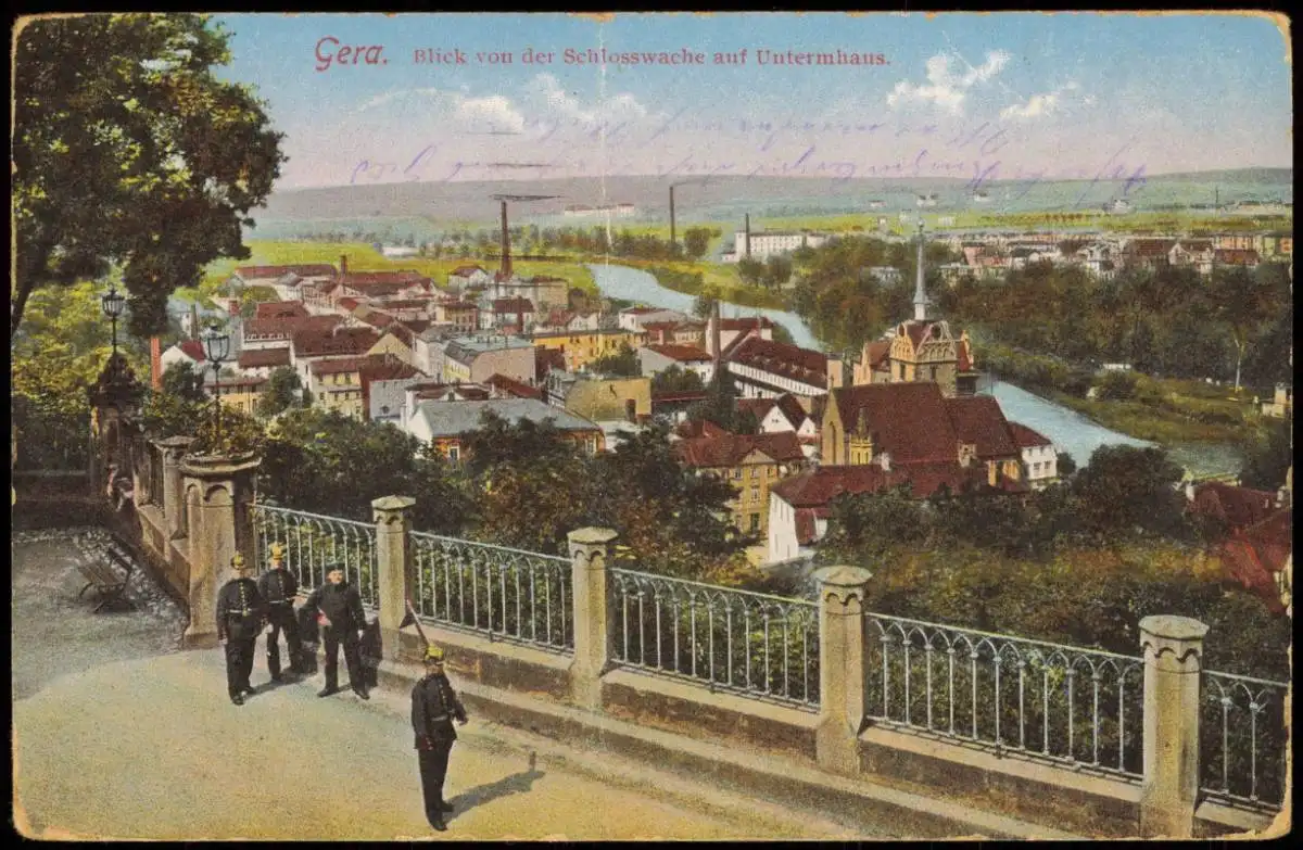 Ansichtskarte Gera Blick von der Schlosswache auf Untermhaus 1915  gel Feldpost