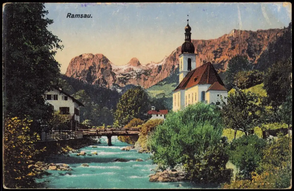 Ramsau bei Berchtesgaden Panorama-Ansicht, Fluss Partie, Kirche 1922