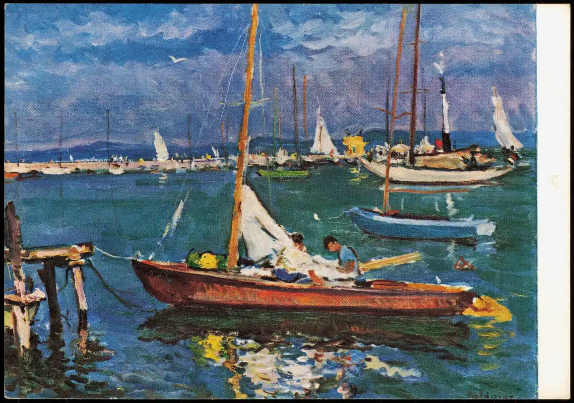 Künstlerkarte BOLDIZSÁR ISTVÁN  Vitorlások az öbölben Segelboote Bucht 1980