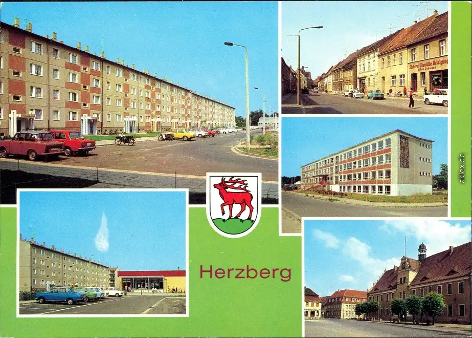 Herzberg (Elster) Wilhelm-Pieck-Ring, Kaufhalle, Ernst-Thälmann-Str, Oberschule, Rathaus 1984