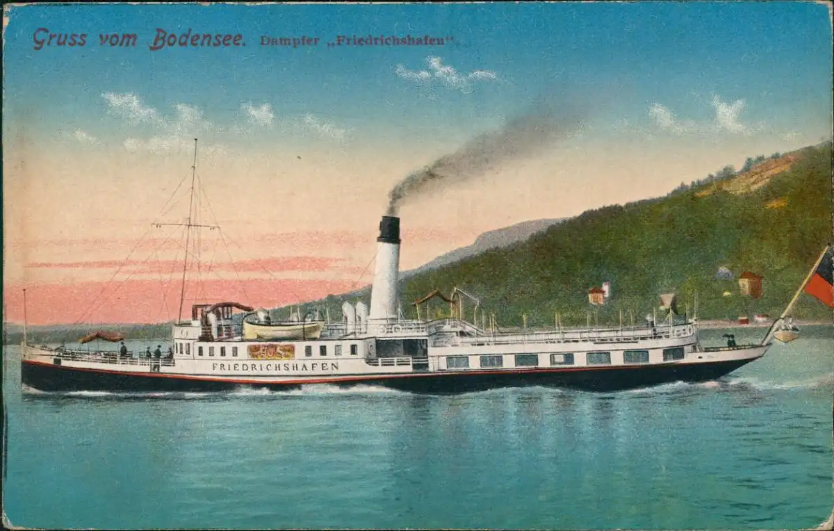 Ansichtskarte  Gruss vom Bodensee. Dampfer Friedrichshafen 1913