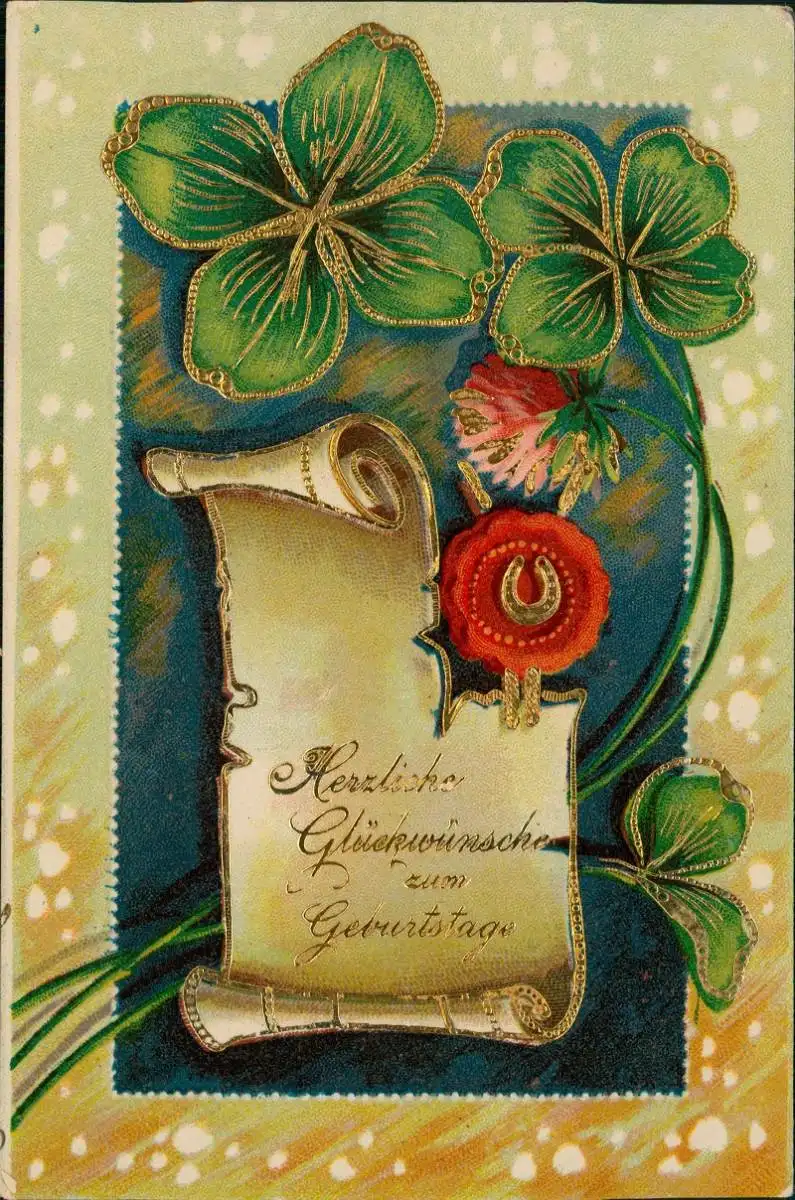 Glückwunsch Geburtstag Birthday Kleeblätter Urkunde 1914 Goldrand