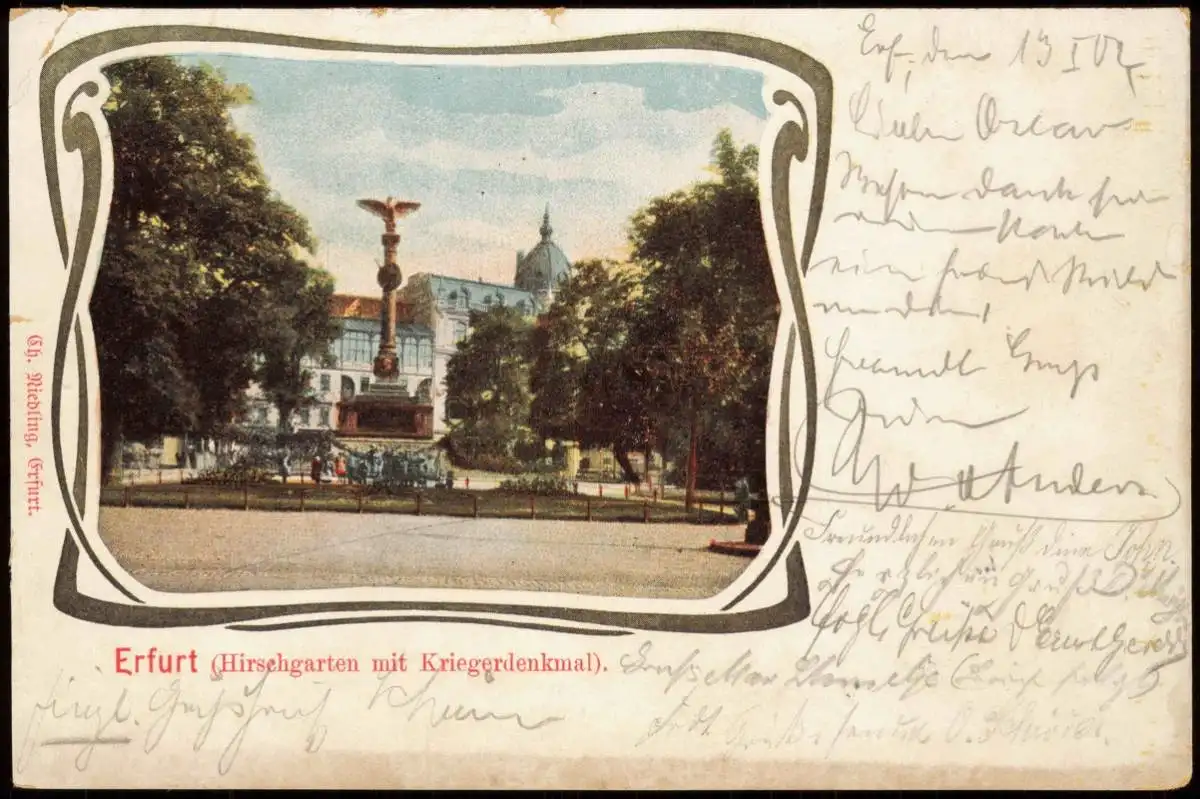 Ansichtskarte Erfurt Hirschgarten mit Kriegerdenkmal 1903   gelaufen nach Leipzig-Gohlis (Ankunftsstempel)