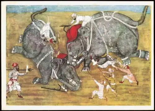 Kunst Motivkarte Indische Miniatur  Elefantenkampf Fight Between Elephants 1974