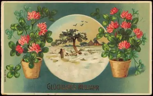 Neujahr Sylvester New Year Töpfe mit Kleeblättern Landschaft 1911 Goldrand
