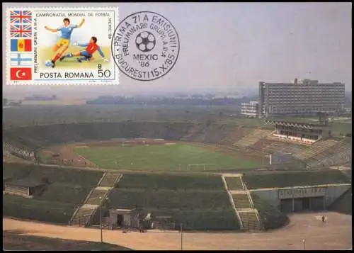 Temeswar Timişoara | Temeswar | Temeschwar | Temeschburg | Temesvár | Temišvar Stadionul ,,1 Mai" Timişoara România Fussball-Stadion 1986   mit Sonderstempel & Sondermarke