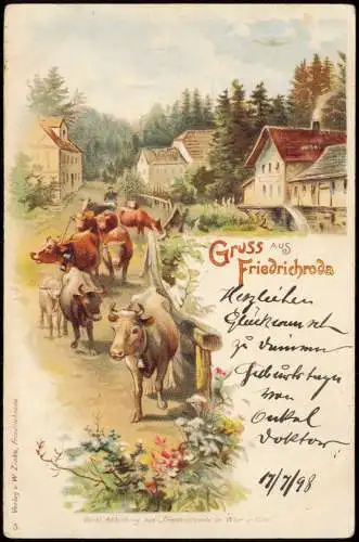 Ansichtskarte Litho AK Friedrichroda Gruss aus Viehabtrieb Straße 1898