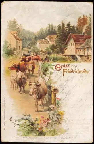 Ansichtskarte Litho AK Friedrichroda Straßenpartie, Ochsen Gruss aus... 1897