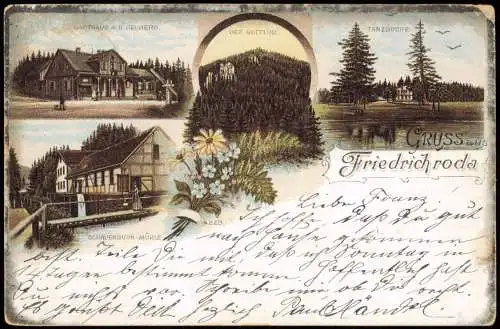Ansichtskarte Friedrichroda Gruss aus Gasthaus, Tanzbuche, Mühle 1905
