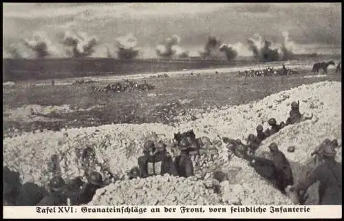 Granateinschläge an der Front, vorn feindliche Infanterie Militaria WK1 1916