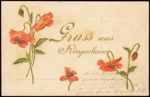 Künstlerkarte Mohnblumen Gruss aus Ringenhain 1905 Goldrand/Prägekarte