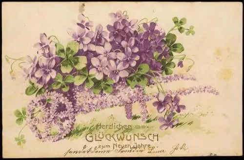 Neujahr Sylvester New Year Schubkarre Veilchen Kleeblätter 1907 Prägekarte