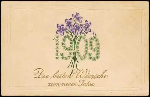 Veilchen Zahl aus Kleeblättern Neujahr Sylvester New Year 1909 Prägekarte