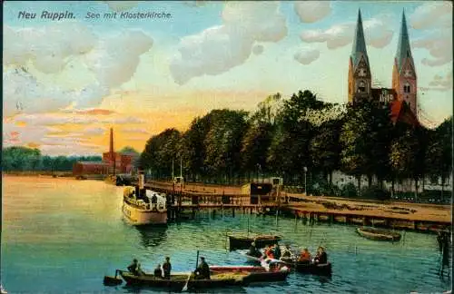 Ansichtskarte Neuruppin See mit Klosterkirche. Dampfer 1913