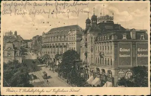 Ansichtskarte Plauen (Vogtland) Bahnhofstrasse mit Kaffeehaus Trömel 1938